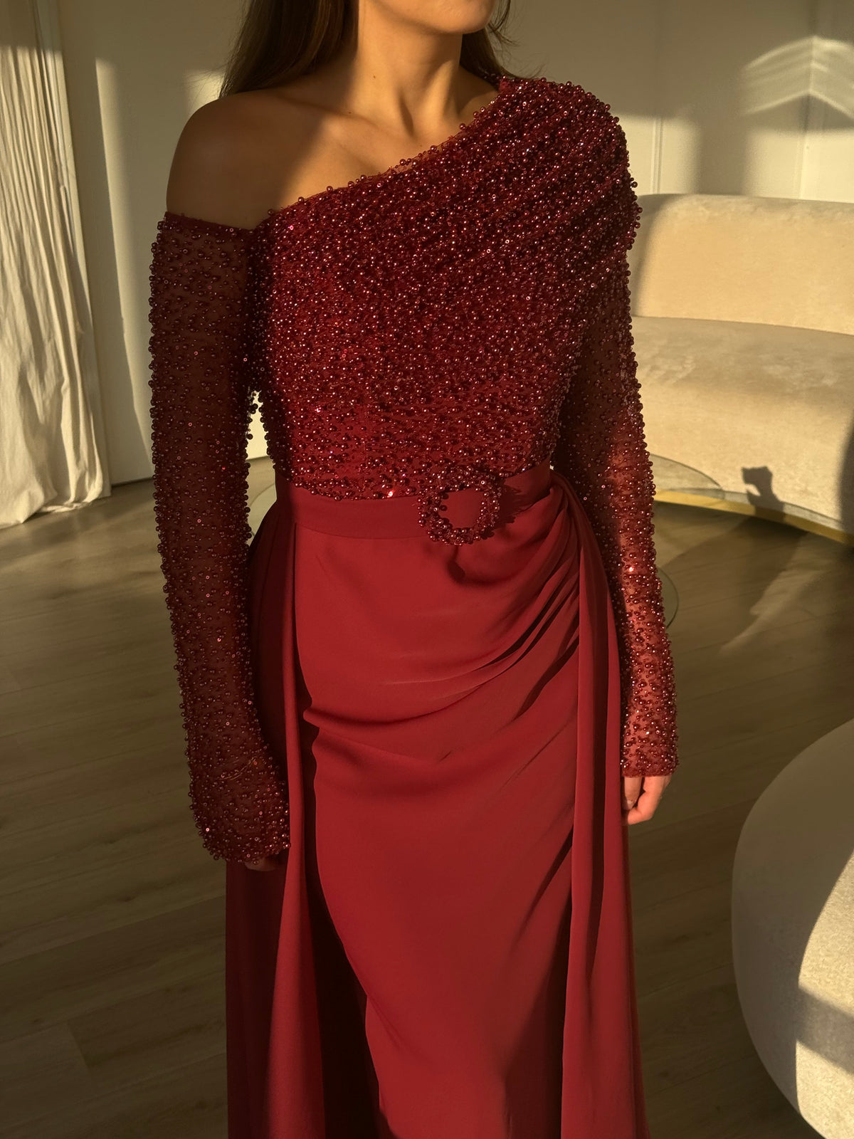 One-Shoulder Pearl Bodice Gown with Side Slit Overskirt