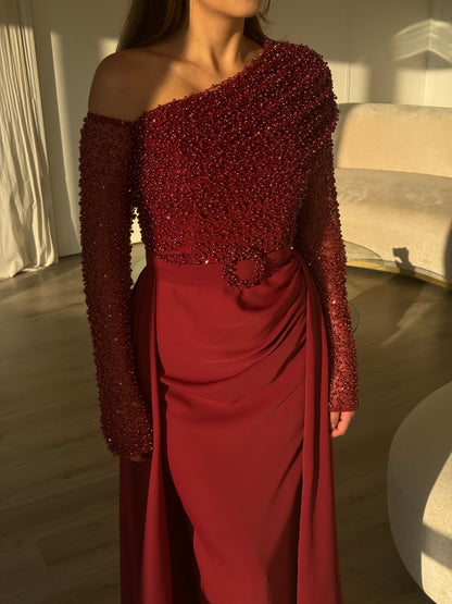 One-Shoulder Pearl Bodice Gown with Side Slit Overskirt