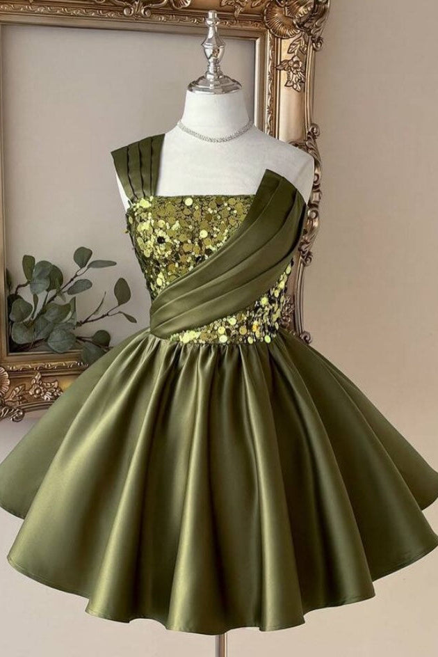 One-Shoulder Sequin and Satin A-Line Homecoming Dress