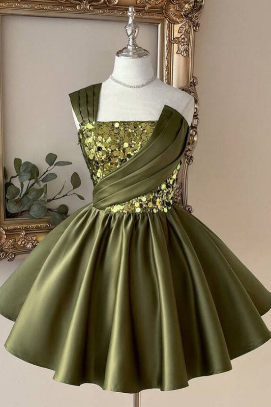 One-Shoulder Sequin and Satin A-Line Homecoming Dress
