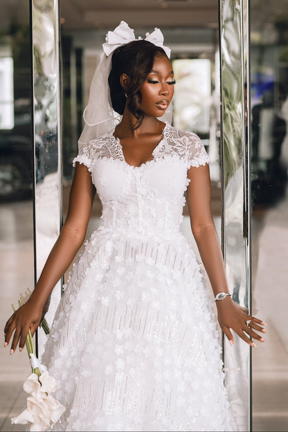 Tea-Length Lace Corset Bridal Gown with 3D Flowers