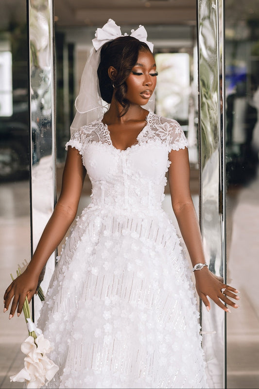 Tea-Length Lace Corset Bridal Gown with 3D Flowers
