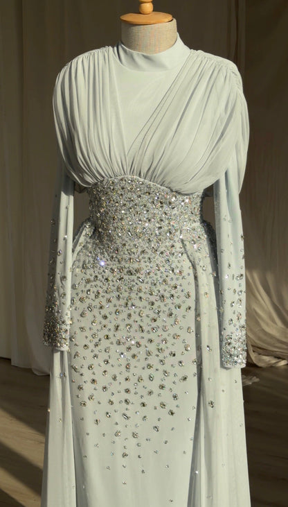 High-Neck Rhinestone Gown with Draped Bodice