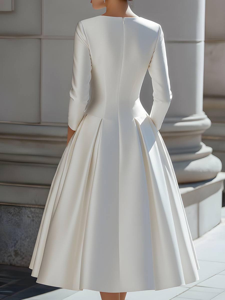Long Sleeve V-Neck Pleated Midi Dress with Pockets