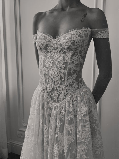 Off-the-Shoulder Lace Corset Ball Gown Wedding Dress