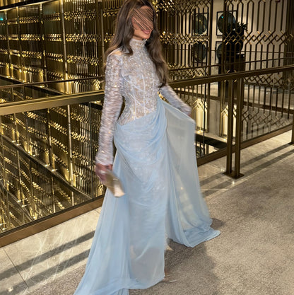 Illusion Long Sleeve Beaded Mermaid Evening Gown