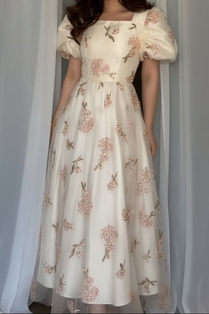 Floral Embroidered Puff Sleeve A-Line Tulle Gown