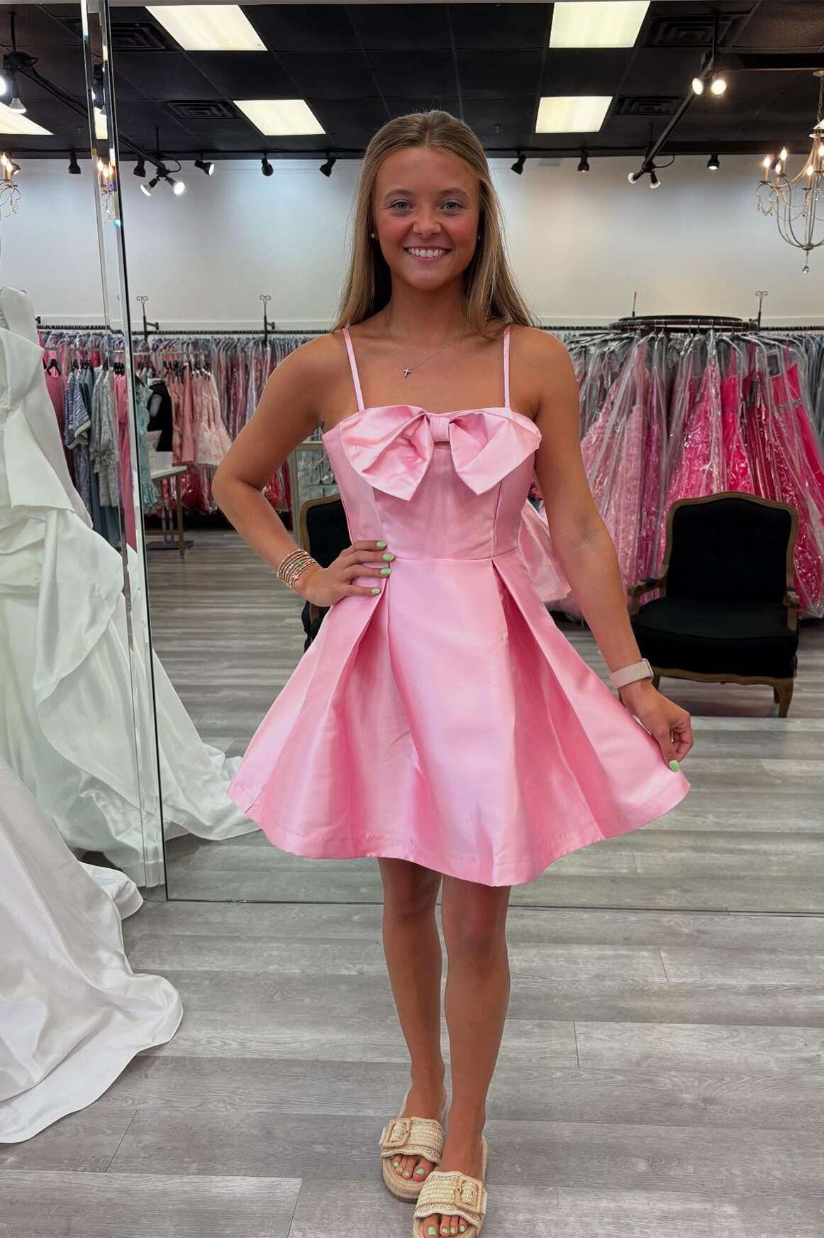 Bow Accent Spaghetti Strap Pleated Mini Dress
