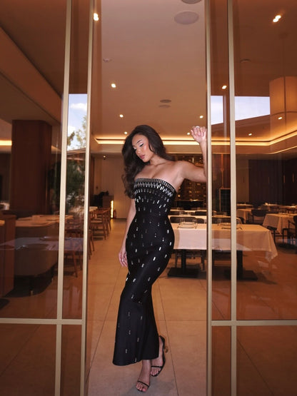 Strapless Embellished Column Maxi Dress