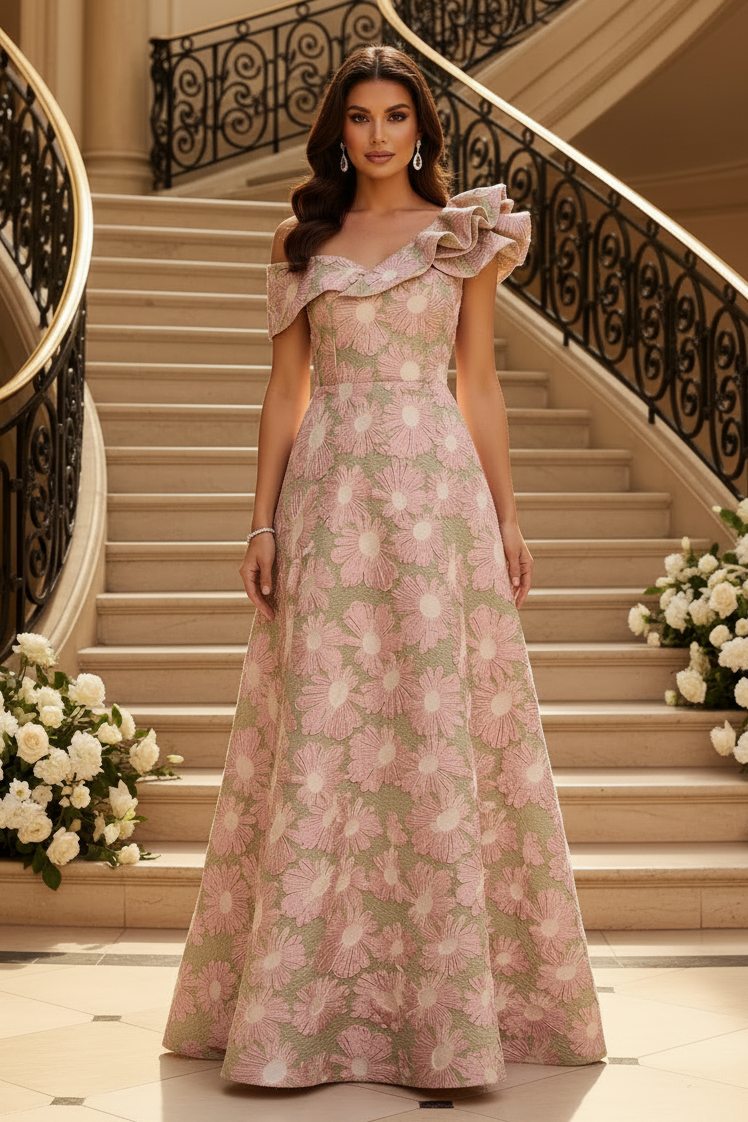 Asymmetrical Ruffled Off-the-Shoulder Floral Gown