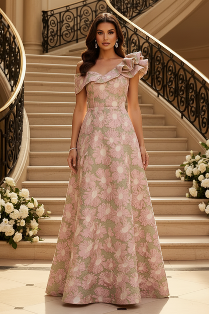 Asymmetrical Ruffled Off-the-Shoulder Floral Gown