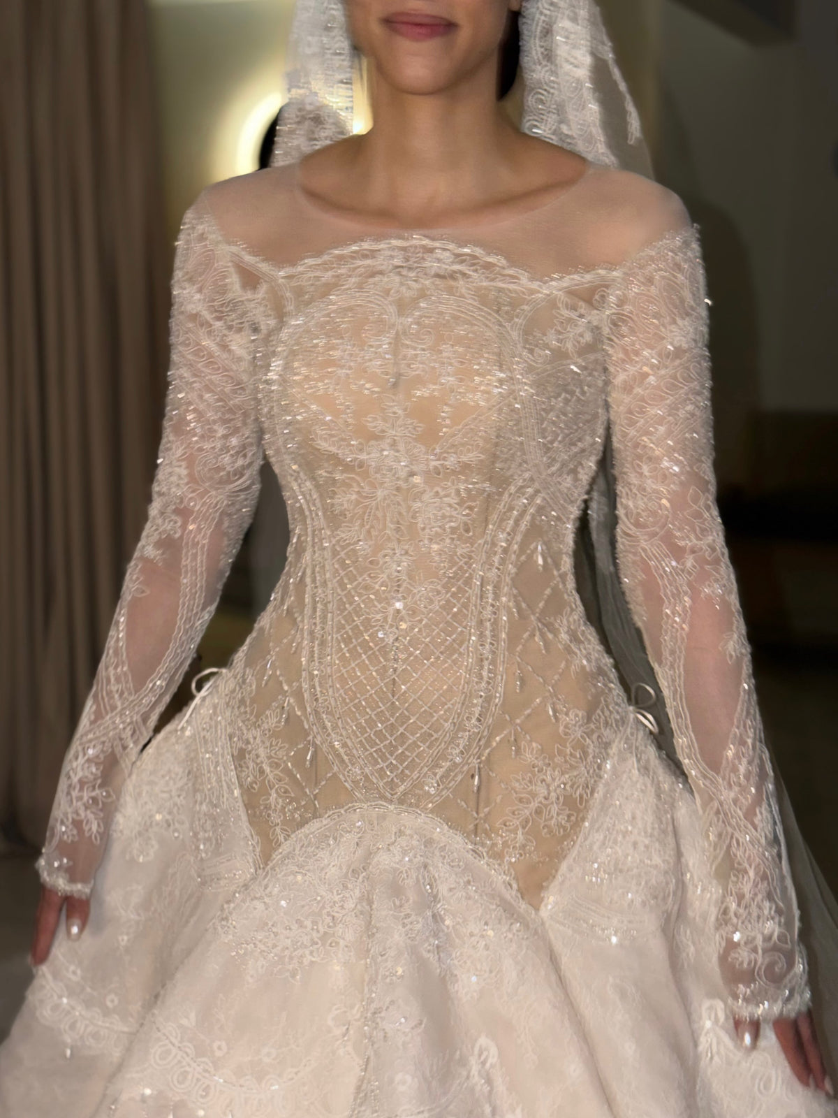 Lace & Beaded Ball Gown Wedding Dress with Sleeves