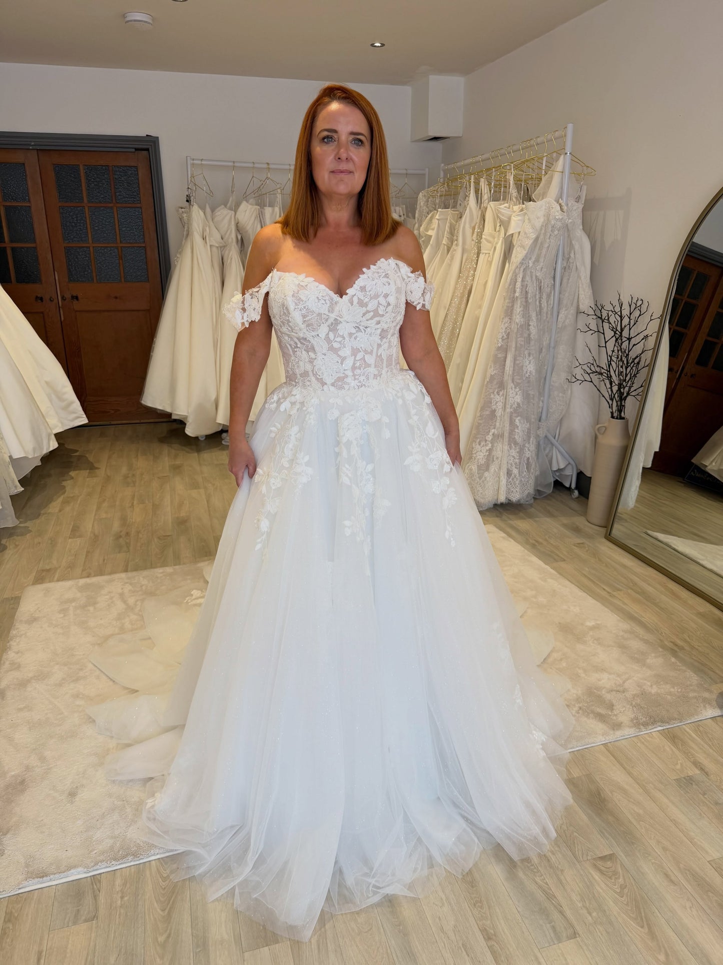 Off-the-Shoulder Lace Applique Ball Gown Wedding Dress