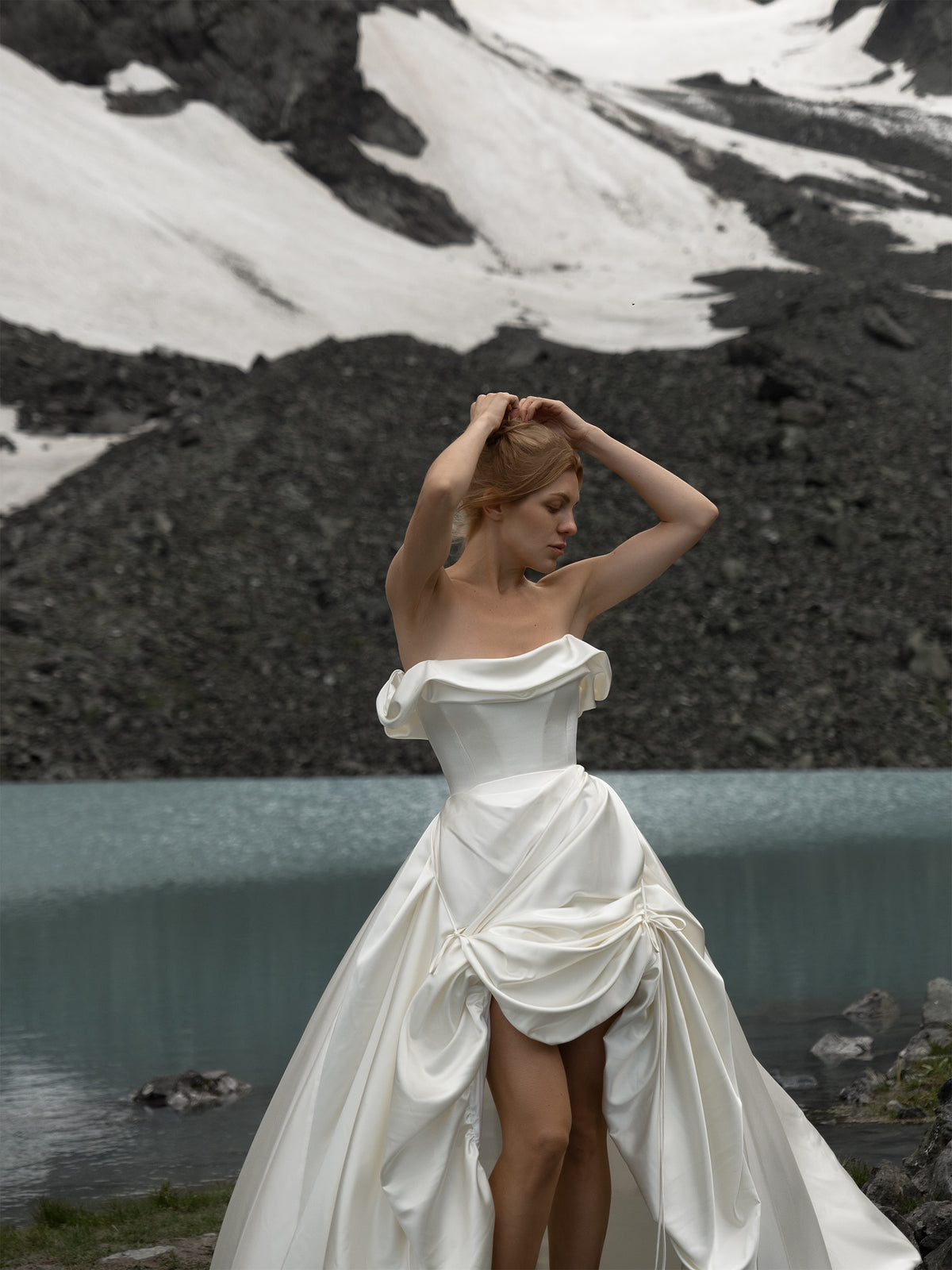 Strapless High-Low Satin Wedding Dress with Train