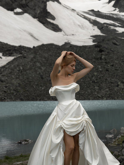 Strapless High-Low Satin Wedding Dress with Train