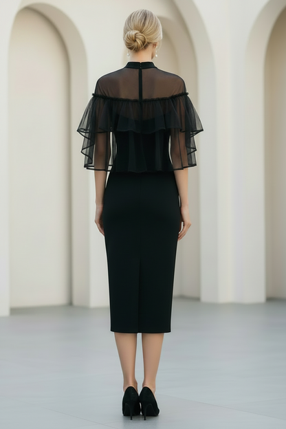 Mesh Ruffle Cape Bodycon Midi Dress