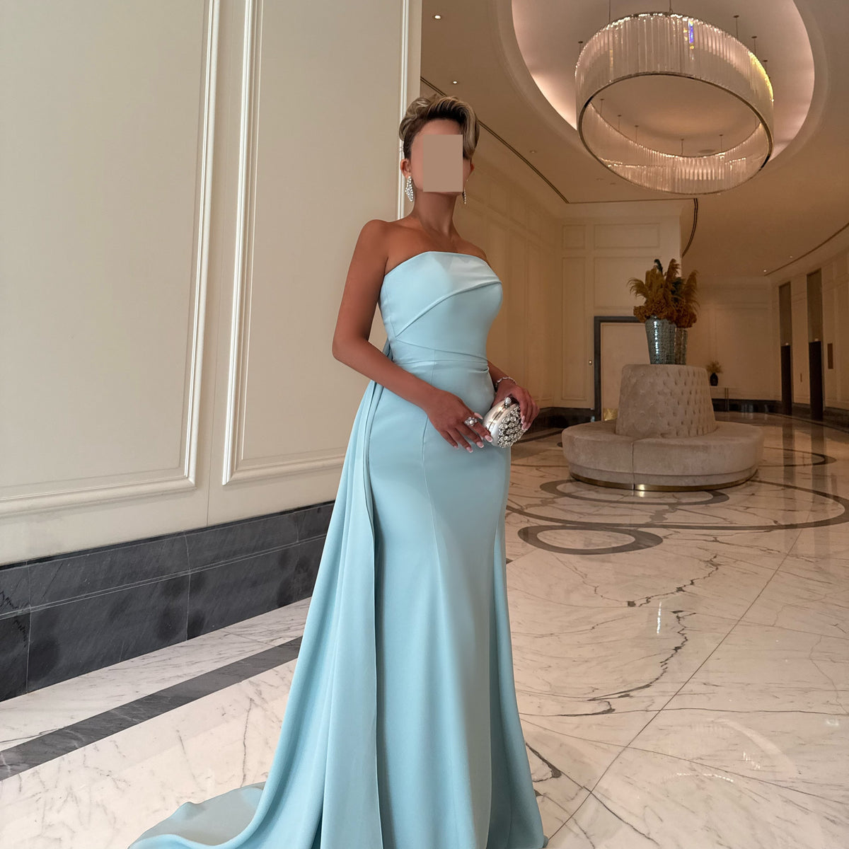 Strapless Asymmetric Bodice Gown with Back Train