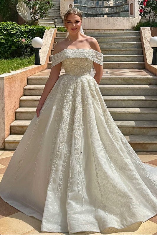 Off-The-Shoulder Beaded Ball Gown Wedding Dress