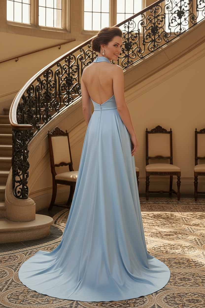 Halter A-Line Evening Gown with Embroidered Skirt