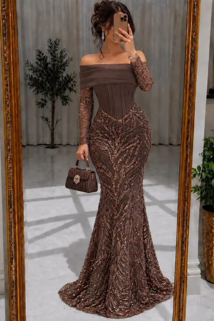 Off-the-Shoulder Corset Sequin Mermaid Evening Gown
