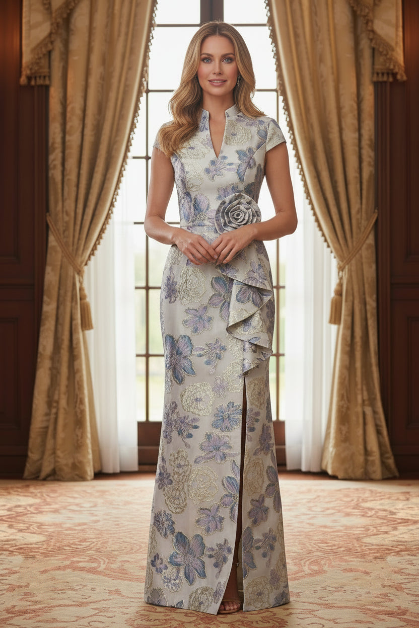 Floral Jacquard Sheath Gown with 3D Rosette & High Slit