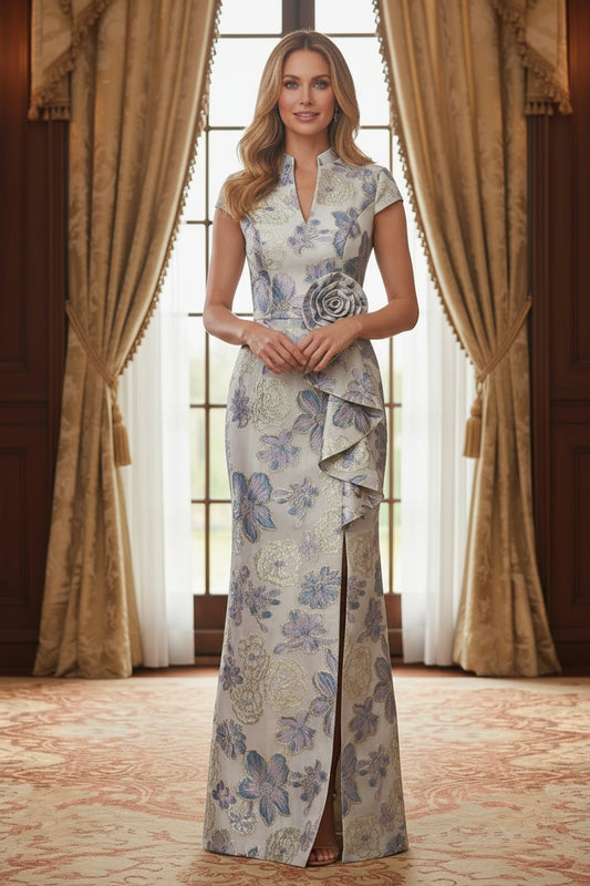 Floral Jacquard Sheath Gown with 3D Rosette & High Slit