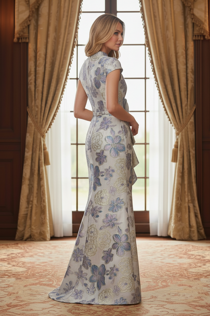 Floral Jacquard Sheath Gown with 3D Rosette & High Slit