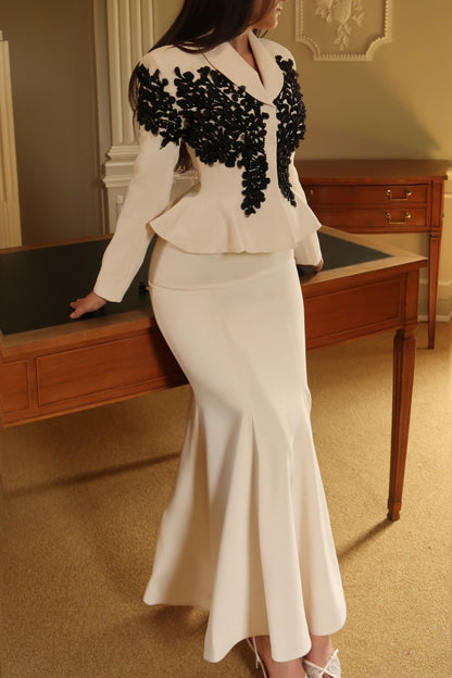 Peplum Skirt Suit with Floral Lace Appliques