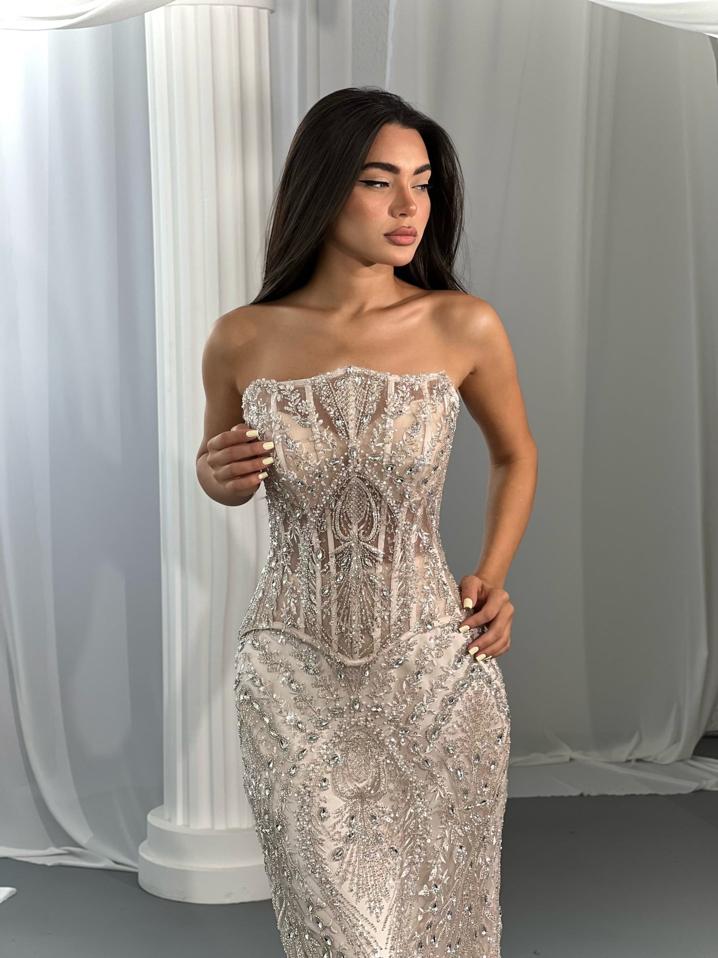 Strapless Corset Beaded Evening Gown