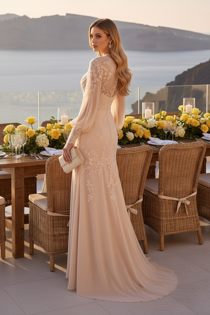 Pleated Bodice Gown with Sheer Bishop Sleeves