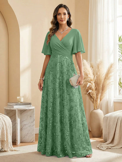 V-Neck Flutter Sleeve A-Line Gown with Sequin Skirt