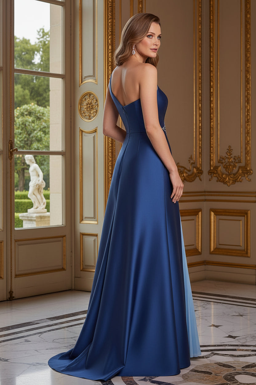 One-Shoulder Floral Evening Gown with Pleated Insert