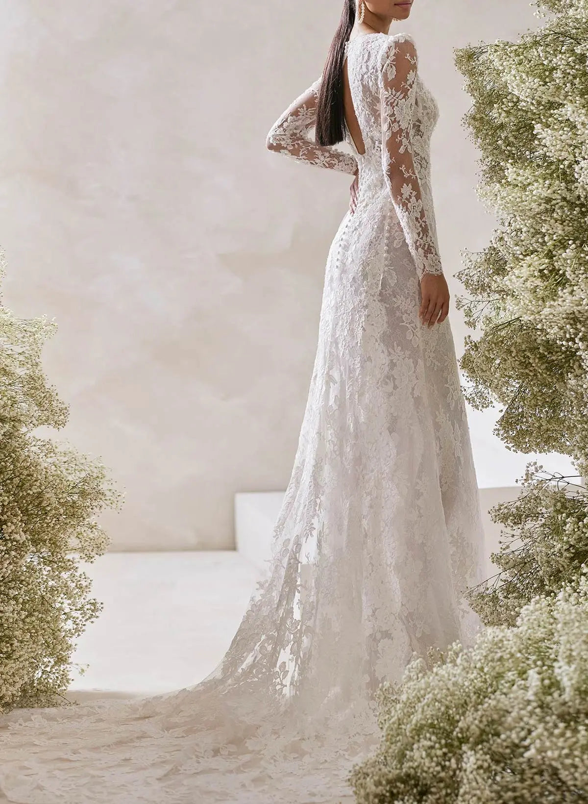 Lace Long Sleeve A-Line Wedding Dress with Open Back