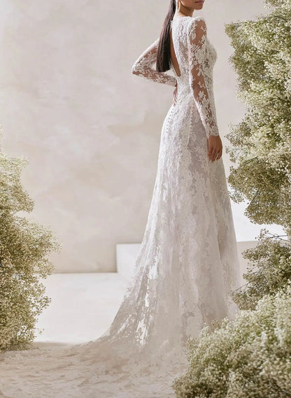 Lace Long Sleeve A-Line Wedding Dress with Open Back