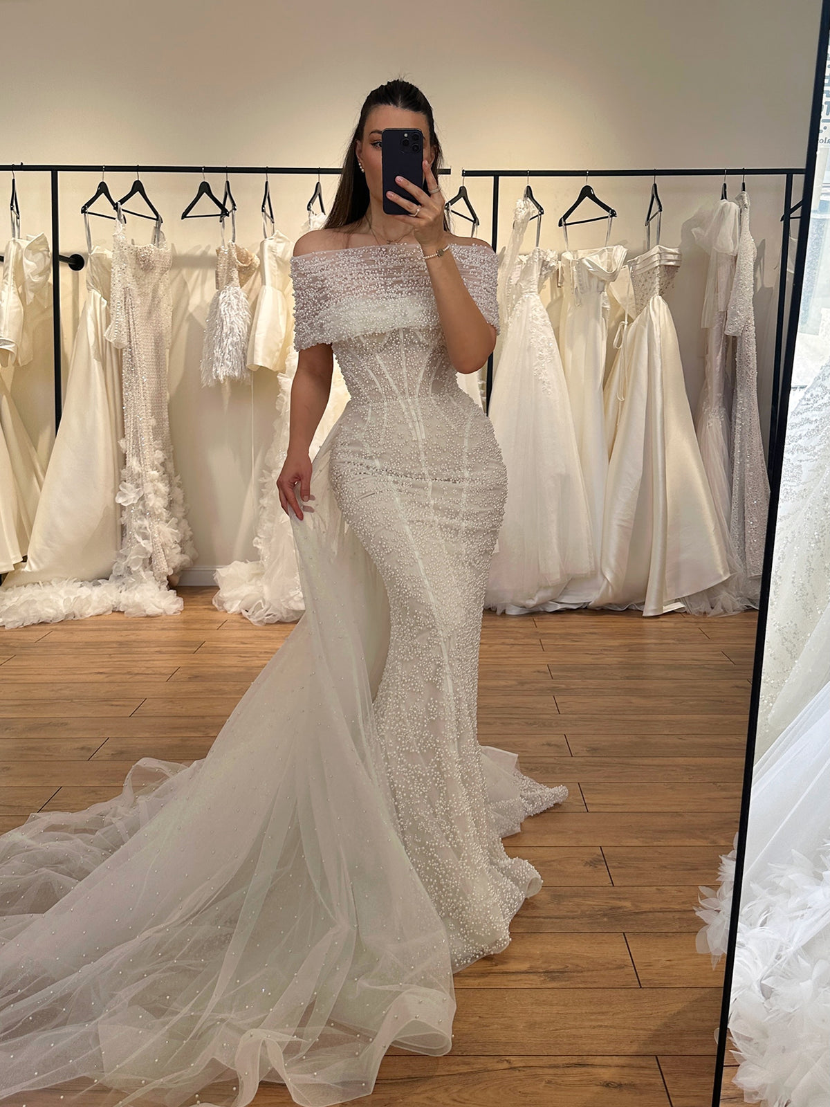 Off-the-Shoulder Pearl Beaded Mermaid Wedding Gown