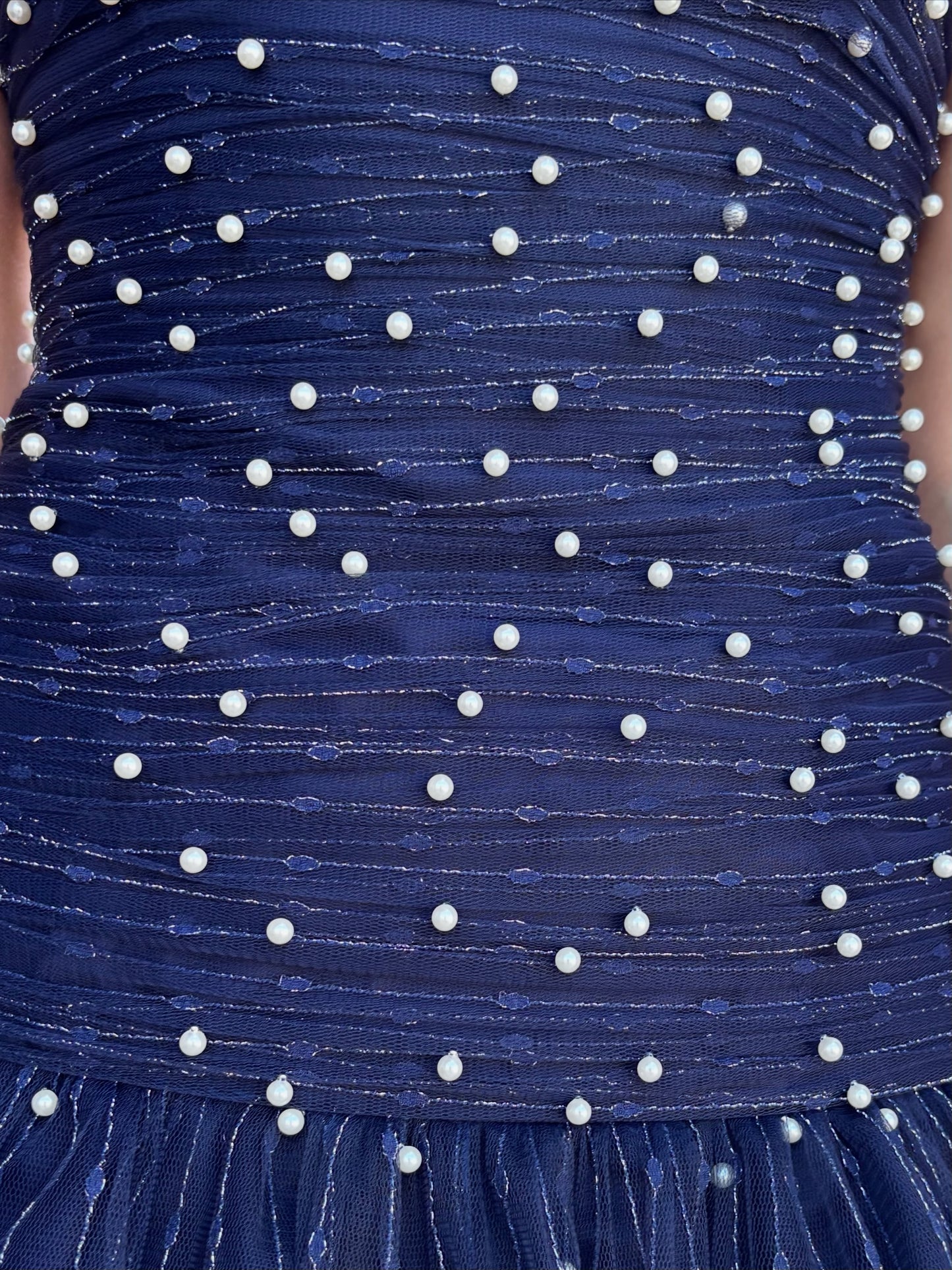 Pearl-Embellished Tiered Tulle Mini Dress