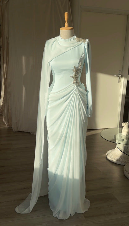 Draped Cape Gown with Crystal Embellishment
