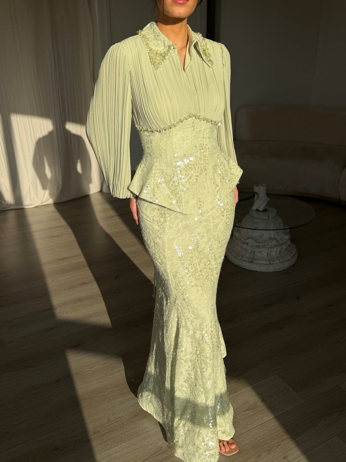 Pleated Blouson Bodice Sequin Peplum Gown