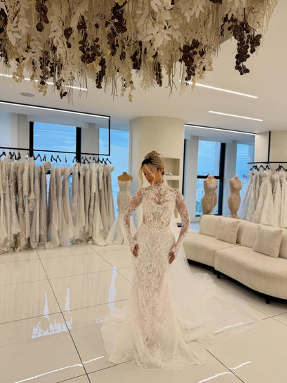 Lace High Neck Wedding Dress with Train