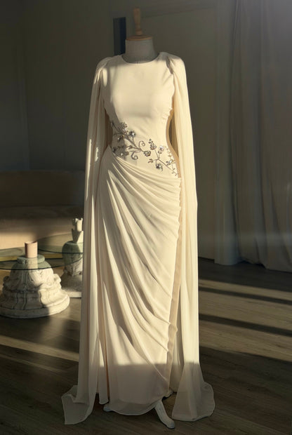 Draped Cape Sleeve Gown with Beaded Waist Detail