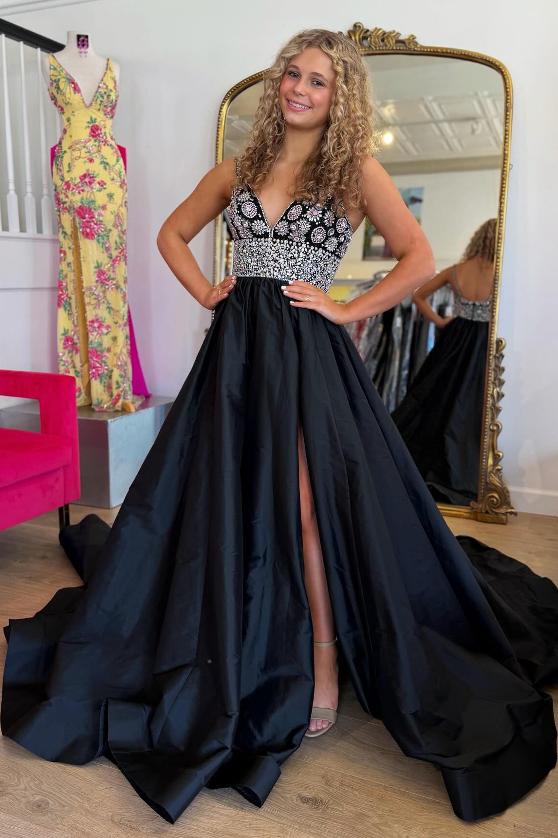Beaded Bodice Ball Gown with High Slit and Train