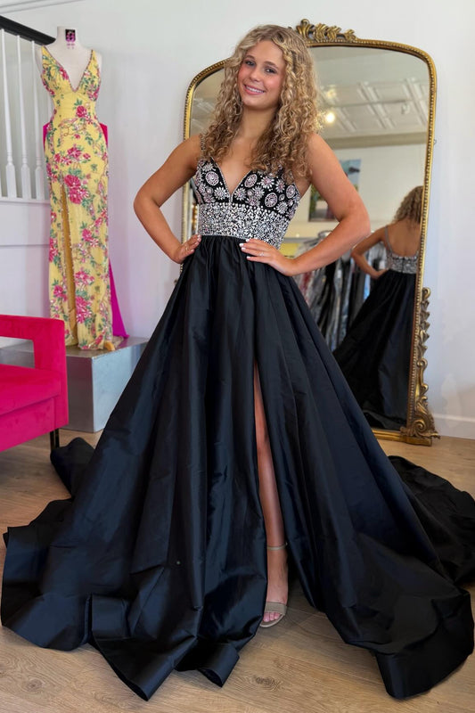 Beaded Bodice Ball Gown with High Slit and Train