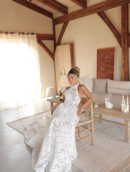 High-Neck Lace Wedding Dress with Train
