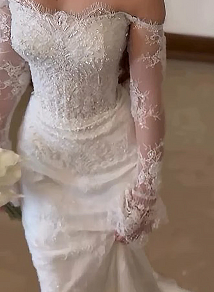 Off Shoulder Lace Mermaid Wedding Dress Long Sleeve
