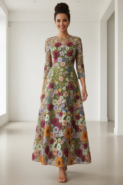 Floral Embroidered Illusion Mesh A-Line Maxi Dress | Mother of the Bride