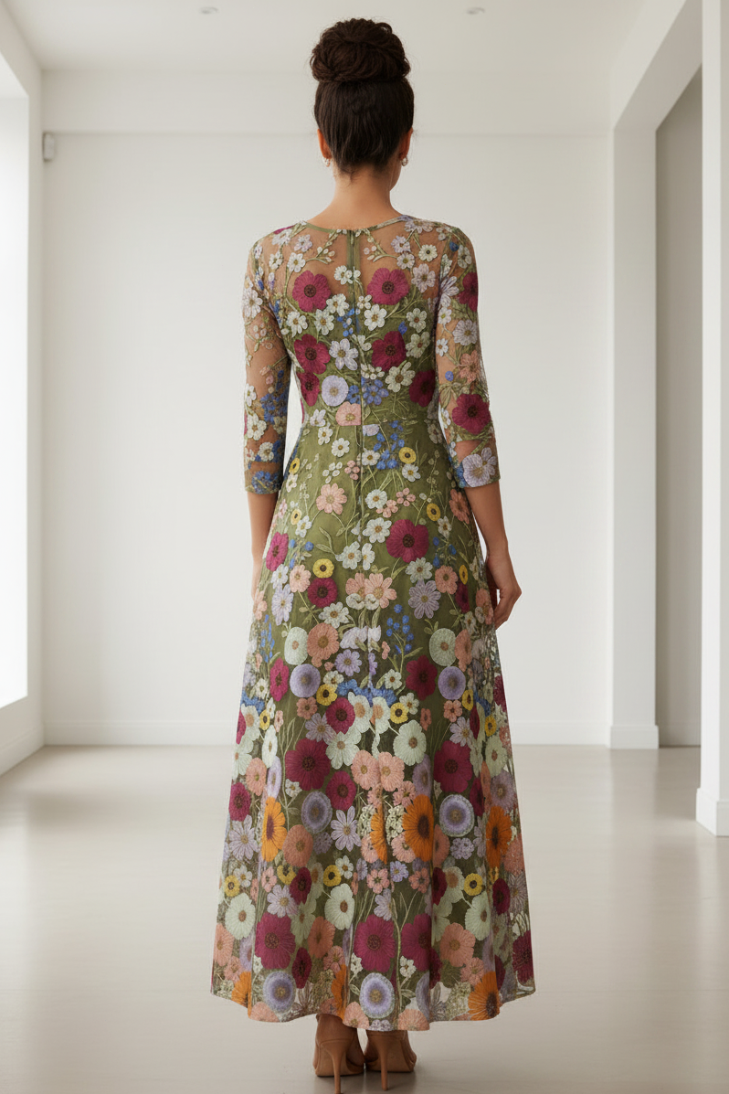 Floral Embroidered Illusion Mesh A-Line Maxi Dress | Mother of the Bride