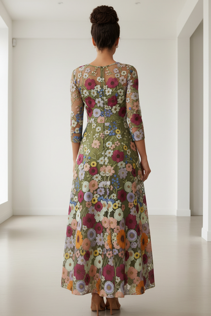 Floral Embroidered Illusion Mesh A-Line Maxi Dress | Mother of the Bride