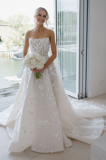 Strapless 3D Floral Applique Ball Gown Wedding Dress