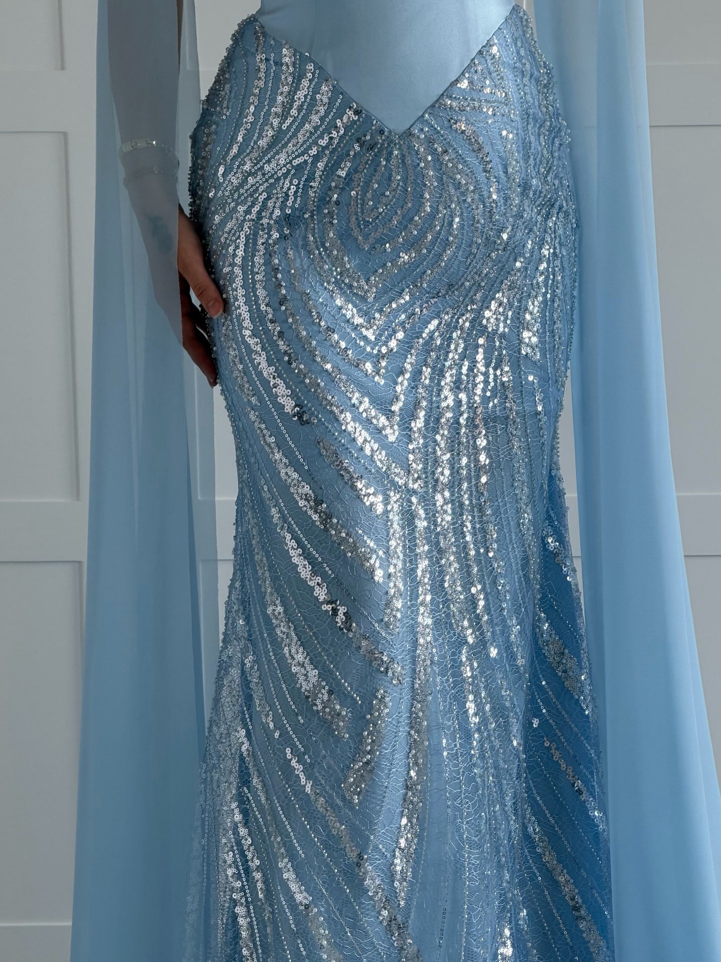 Sequin Mermaid Gown with Chiffon Cape Sleeves