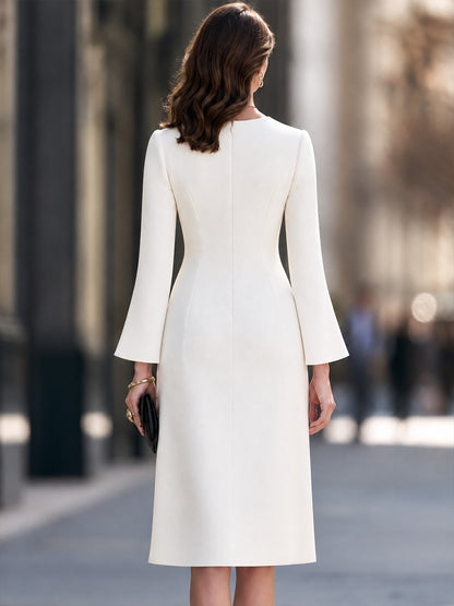Notched V-Neck Midi Sheath Dress with Bell Sleeves